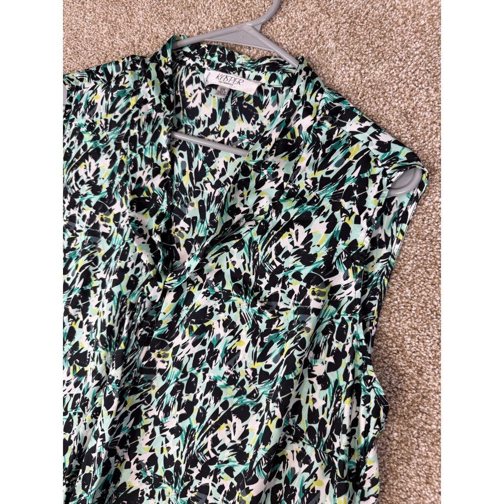 Kasper Separates Woman 3X Green Abstract Tie Sleeveless Tie Neck Blouse Top